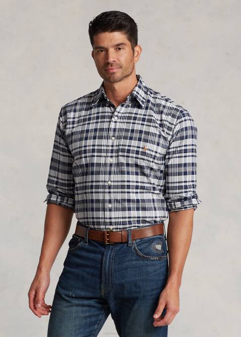 Men Ralph Lauren Plaid Oxford Shirt 4DJ21342 Grey Heather/Navy Multi