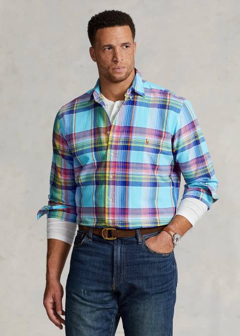 Men Ralph Lauren Plaid Oxford Shirt 4DJ21343 Turquoise/Pink Multi