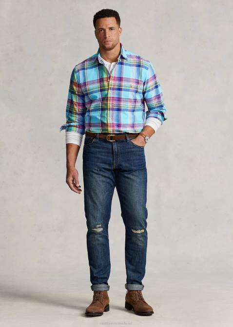 Men Ralph Lauren Plaid Oxford Shirt 4DJ21343 Turquoise/Pink Multi