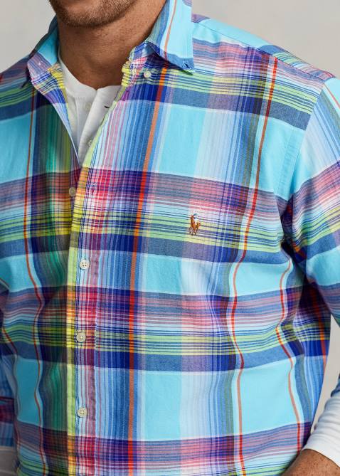 Men Ralph Lauren Plaid Oxford Shirt 4DJ21343 Turquoise/Pink Multi