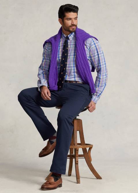 Men Ralph Lauren Plaid Stretch Poplin Shirt 4DJ21809 Purple/Yellow Multi