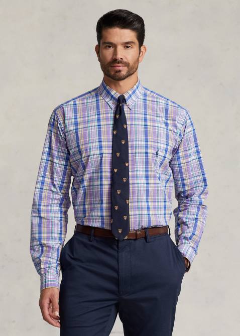 Men Ralph Lauren Plaid Stretch Poplin Shirt 4DJ21809 Purple/Yellow Multi