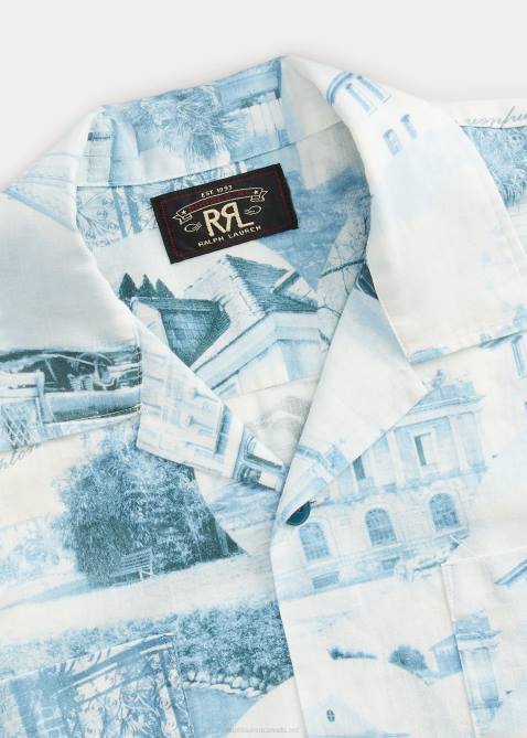 Men Ralph Lauren Postcard-Print Linen-Cotton Camp Shirt 4DJ21762 Cream/Blue
