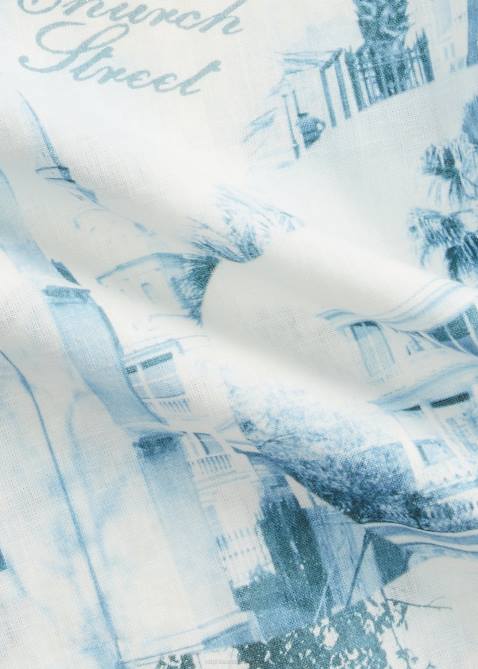 Men Ralph Lauren Postcard-Print Linen-Cotton Camp Shirt 4DJ21762 Cream/Blue