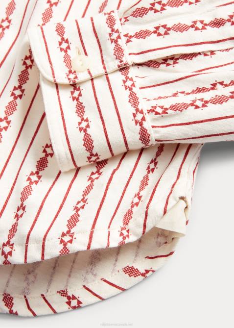 Men Ralph Lauren Print Linen-Cotton Popover Workshirt 4DJ28701 Red/Cream