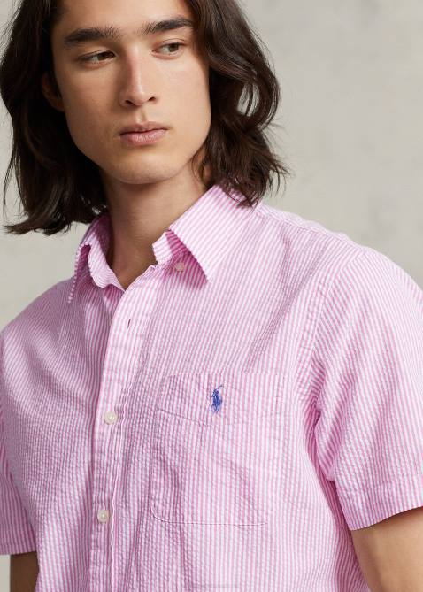 Men Ralph Lauren RL Prepster Classic Fit Seersucker Shirt 4DJ2676 2604h Rose/White