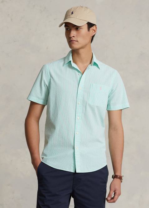 Men Ralph Lauren RL Prepster Classic Fit Seersucker Shirt 4DJ2677 Keywest Green/White