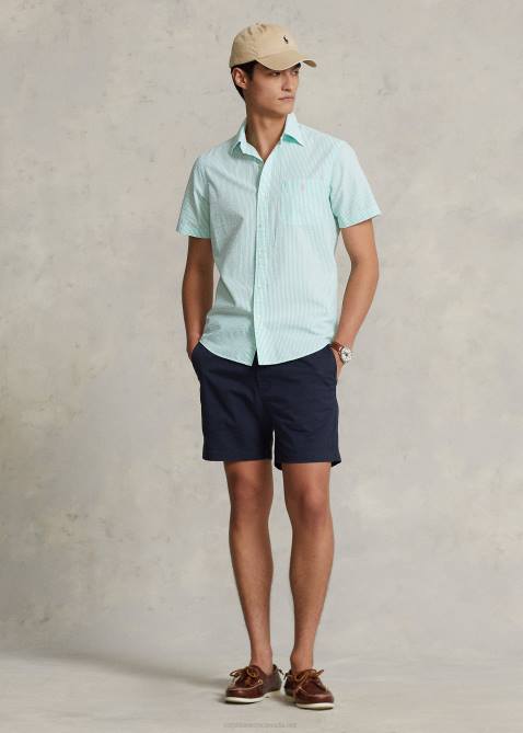 Men Ralph Lauren RL Prepster Classic Fit Seersucker Shirt 4DJ2677 Keywest Green/White