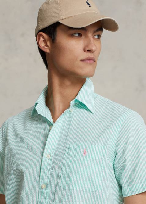 Men Ralph Lauren RL Prepster Classic Fit Seersucker Shirt 4DJ2677 Keywest Green/White