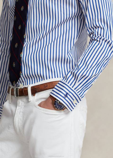 Men Ralph Lauren Regent Custom Fit Striped Poplin Shirt 4DJ291 Blue/White