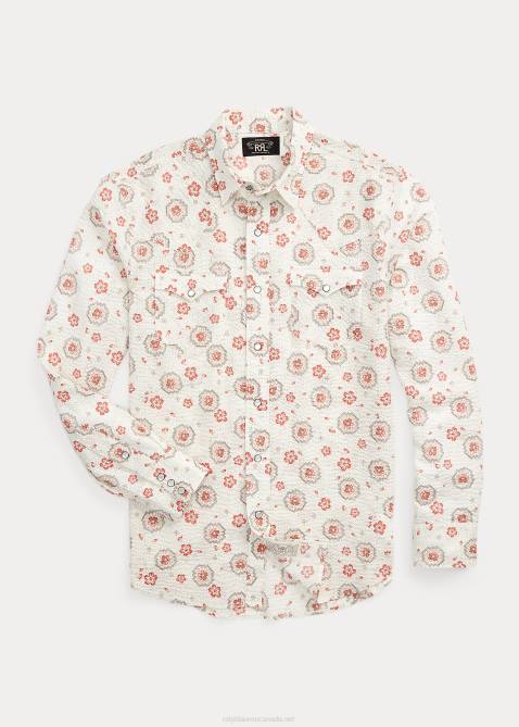 Men Ralph Lauren Slim Bandanna Seersucker Western Shirt 4DJ21709 Tan/Coral