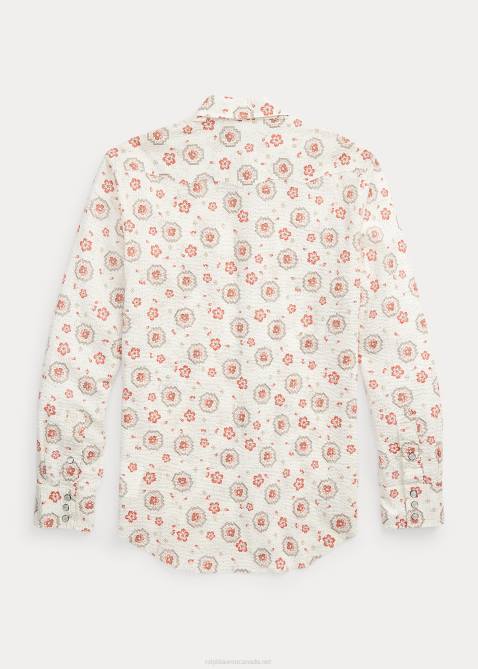 Men Ralph Lauren Slim Bandanna Seersucker Western Shirt 4DJ21709 Tan/Coral