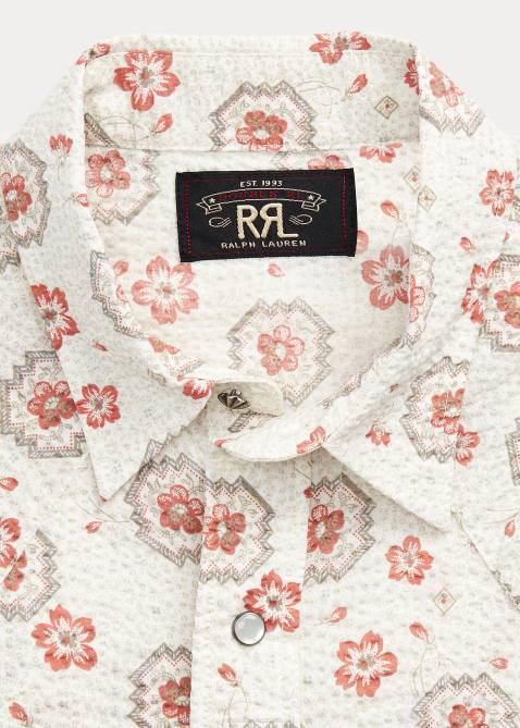 Men Ralph Lauren Slim Bandanna Seersucker Western Shirt 4DJ21709 Tan/Coral