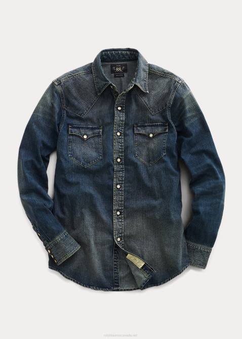 Men Ralph Lauren Slim Fit Denim Western Shirt 4DJ21757 Dark Wash