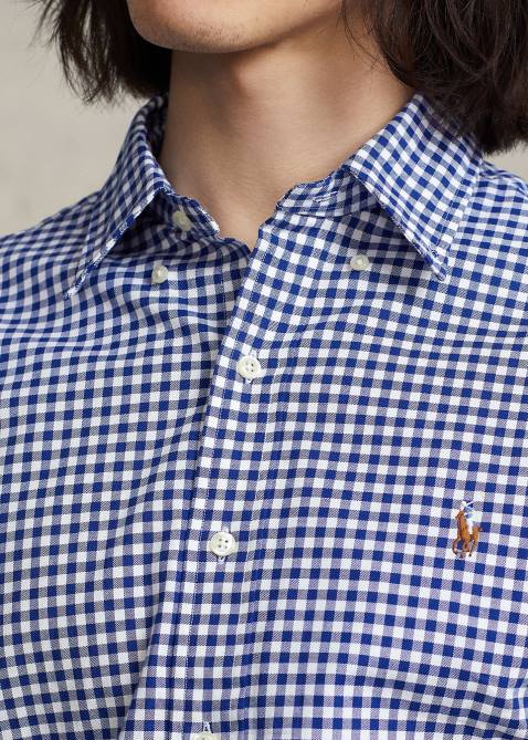 Men Ralph Lauren Slim Fit Gingham Stretch Oxford Shirt 4DJ2830 Royal/White