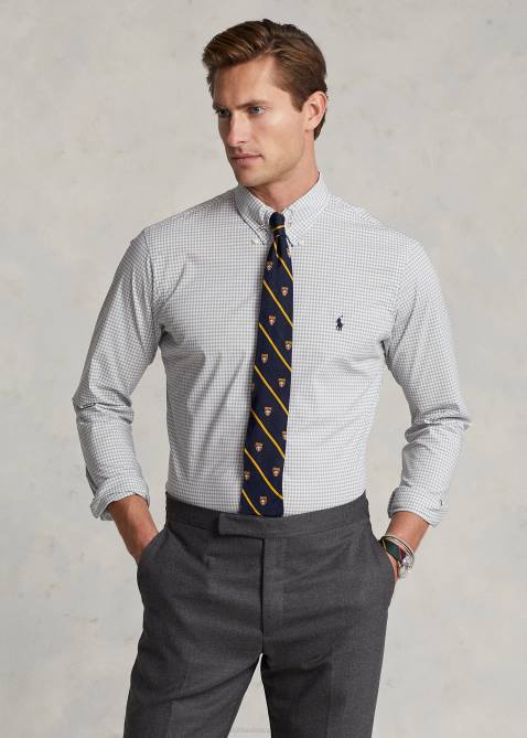 Men Ralph Lauren Slim Fit Gingham Stretch Poplin Shirt 4DJ2812 Grey/White