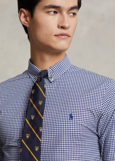 Men Ralph Lauren Slim Fit Gingham Stretch Poplin Shirt 4DJ2813 Navy/White