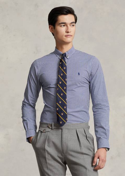 Men Ralph Lauren Slim Fit Gingham Stretch Poplin Shirt 4DJ2813 Navy/White