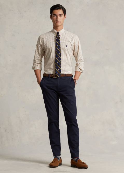 Men Ralph Lauren Slim Fit Gingham Stretch Poplin Shirt 4DJ2814 Vintage Khaki/White