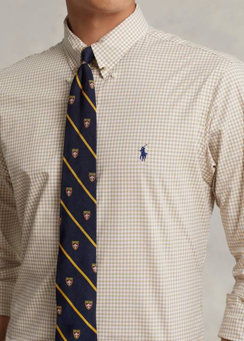 Men Ralph Lauren Slim Fit Gingham Stretch Poplin Shirt 4DJ2814 Vintage Khaki/White