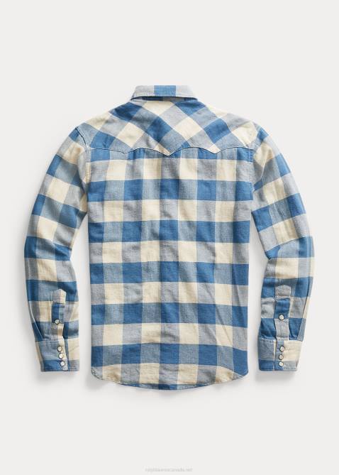 Men Ralph Lauren Slim Fit Plaid Twill Western Shirt 4DJ21772 Rl 158 Indigo Cream