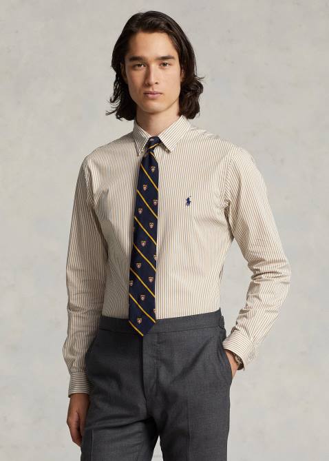 Men Ralph Lauren Slim Fit Striped Stretch Poplin Shirt 4DJ2893 Vintage Khaki/White