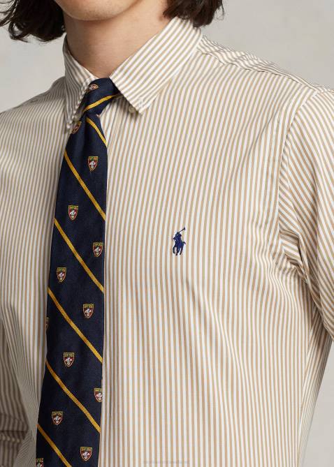Men Ralph Lauren Slim Fit Striped Stretch Poplin Shirt 4DJ2893 Vintage Khaki/White