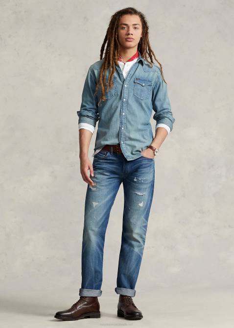 Men Ralph Lauren Slub Denim Western Shirt 4DJ28494 Rl Western