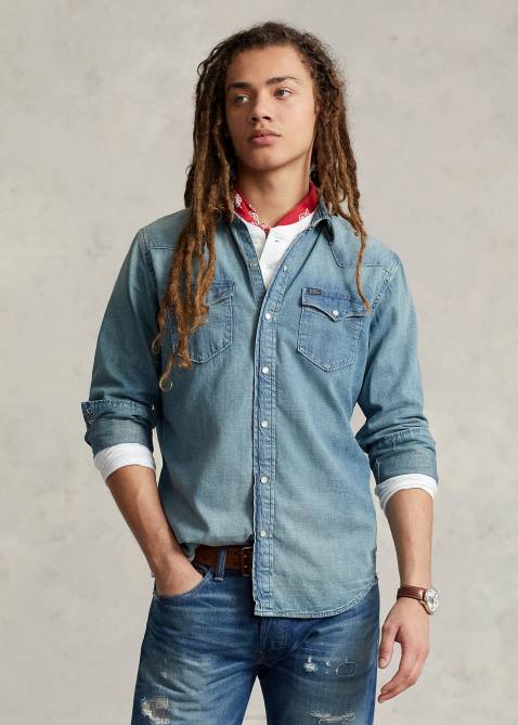 Men Ralph Lauren Slub Denim Western Shirt 4DJ28494 Rl Western