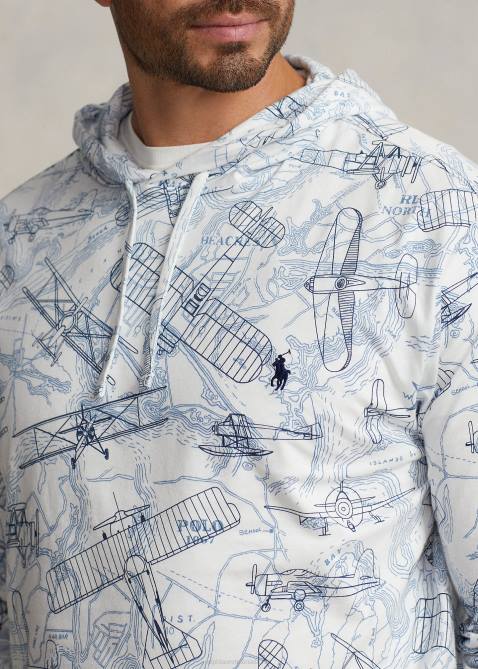 Men Ralph Lauren Aviation-Print Jersey Hooded T-Shirt 4DJ21919 World Cruiser White