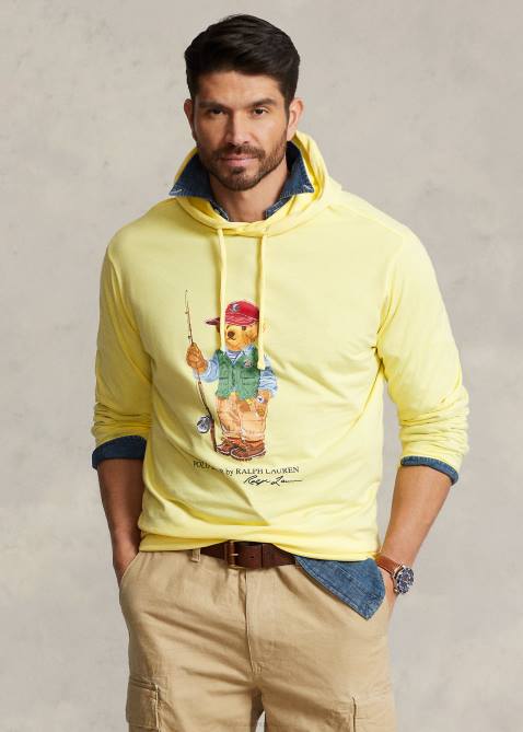 Men Ralph Lauren Polo Bear Jersey Hooded T-Shirt 4DJ21426 Yellow Fishing Bear