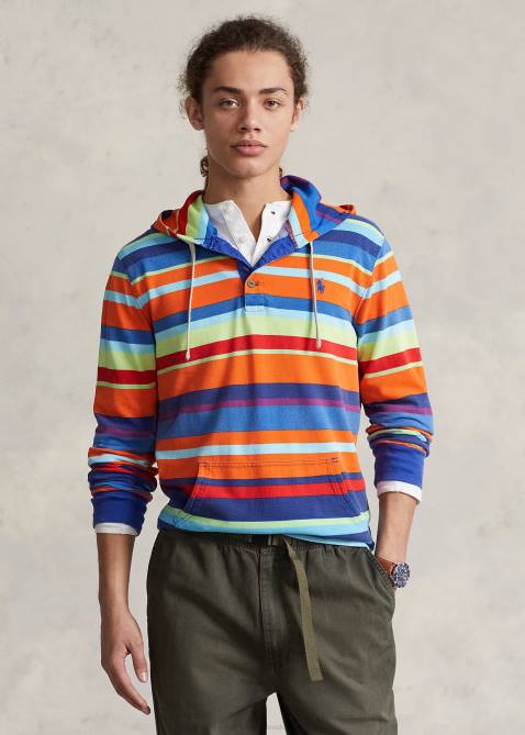 Men Ralph Lauren Striped Cotton Mesh Hooded Tee 4DJ2880 Sailing Orange Multi