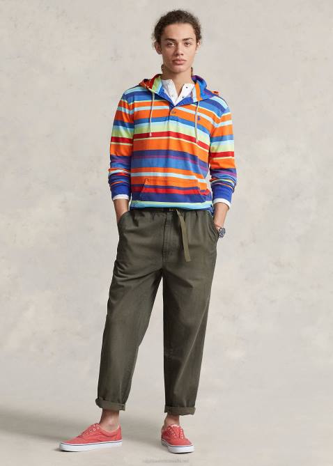 Men Ralph Lauren Striped Cotton Mesh Hooded Tee 4DJ2880 Sailing Orange Multi