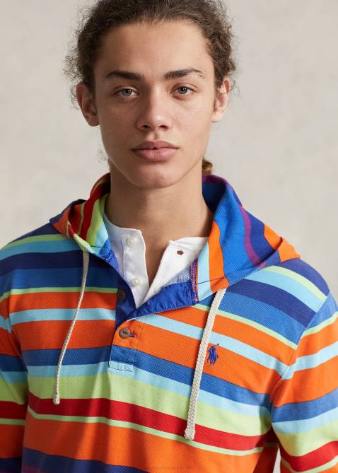 Men Ralph Lauren Striped Cotton Mesh Hooded Tee 4DJ2880 Sailing Orange Multi