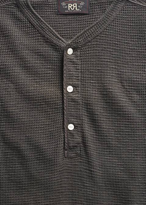 Men Ralph Lauren Waffle-Knit Short-Sleeve Henley Shirt 4DJ21706 Faded Black Canvas