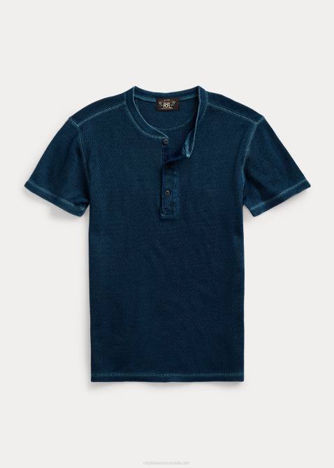Men Ralph Lauren Waffle-Knit Short-Sleeve Henley Shirt 4DJ21765 Rinsed Blue Indigo